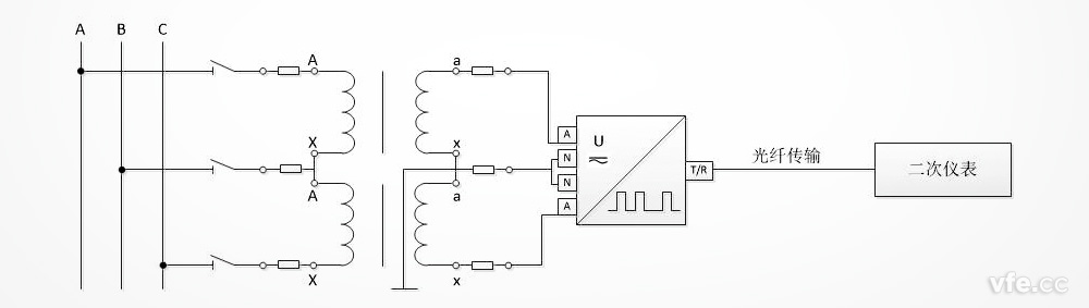 DT122數(shù)字變送器在電壓互感器VV接線法中的應(yīng)用原理圖