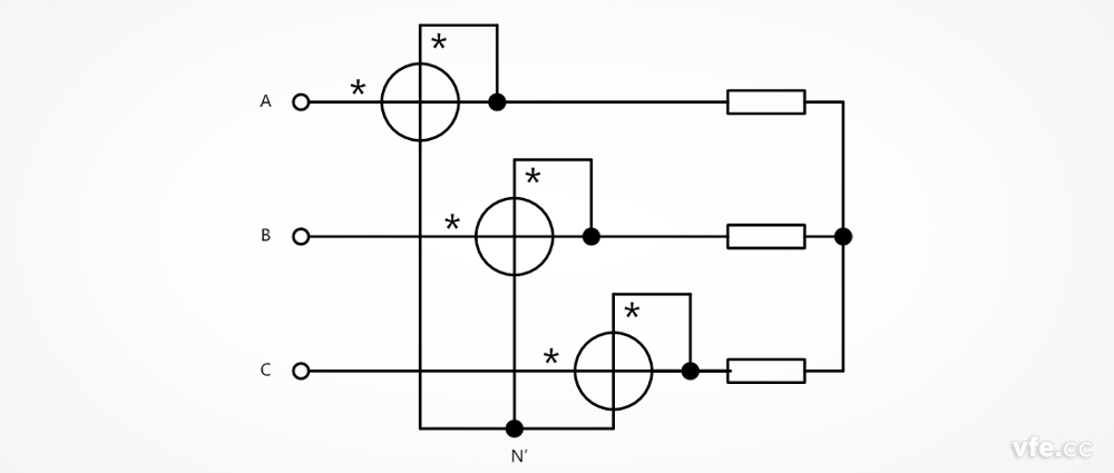 三相三線制電功率測(cè)量時(shí)的SP系列變頻功率傳感器接線圖(虛擬中性點(diǎn)的三瓦計(jì)法)